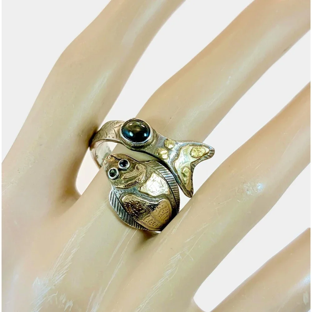Vintage Fish Ring, Sterling Silver, By-Pass, Obsidian Spinel Handcrafted Size 12